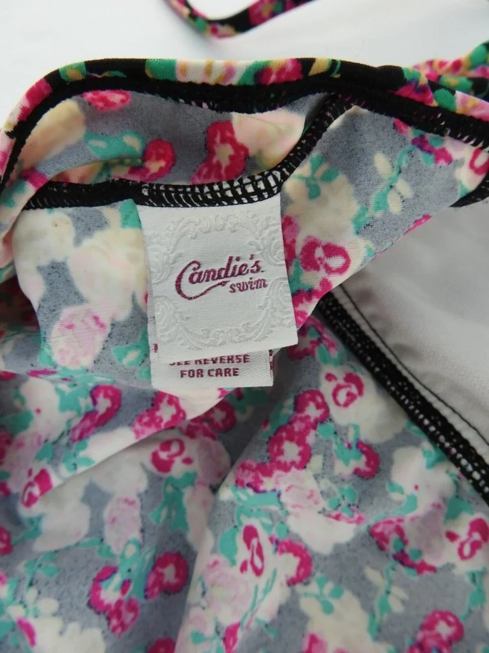 Vintage Candies Floral Leopard Trim Tankini Top XL Black Pink Halter Swim Y2K - Picture 8 of 9